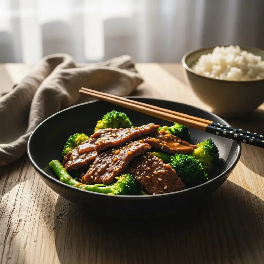 Chinese beef and broccoli stir fry in a dark ceramic bowl, glossy brown sauce, with jasmine rice