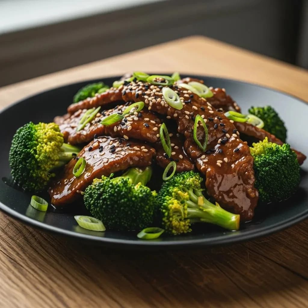 Beef searing in a hot carbon steel wok with visible steam