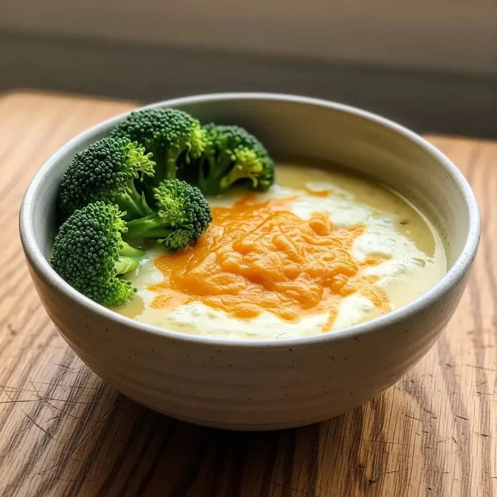 Bowl of homemade broccoli cheddar soup with visible broccoli florets, steam rising, crusty bread alongside on a wooden board