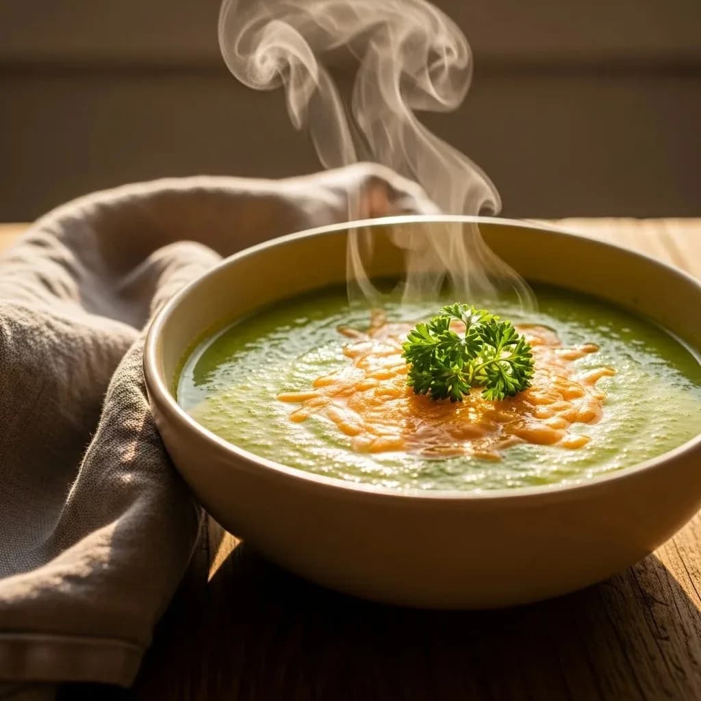Ladle lifting thick broccoli cheddar soup from pot showing velvety texture and broccoli pieces