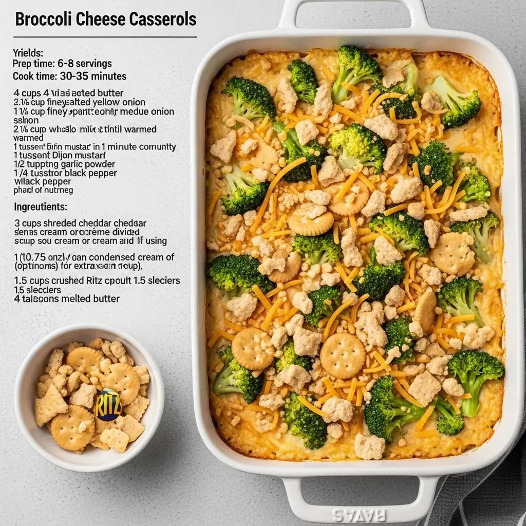 Broccoli cheese casserole fresh from the oven — golden Ritz cracker topping, bubbling cheese at the edges, one serving scooped to show the creamy interior