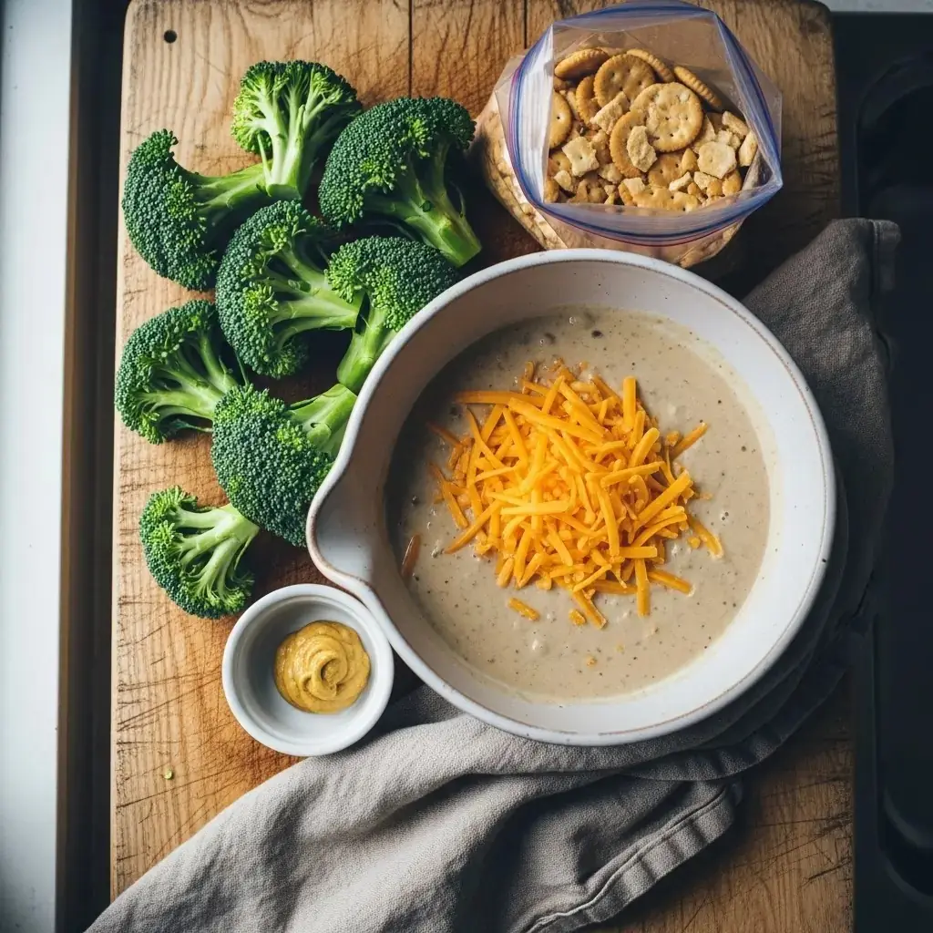 Broccoli cheese casserole filling spread in a baking dish before topping is added