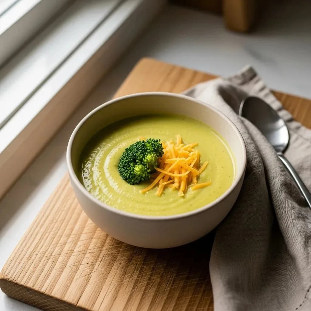 Bowl of broccoli cheese soup on a light timber board with torn sourdough bread