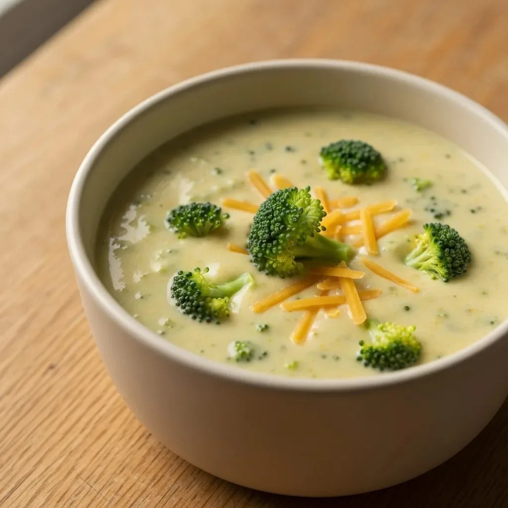 Close-up of broccoli cheese soup texture showing creamy cheddar finish