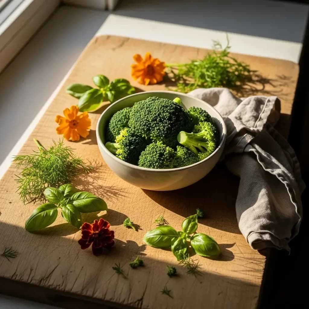 Raised bed garden with broccoli plants surrounded by dill and orange marigolds