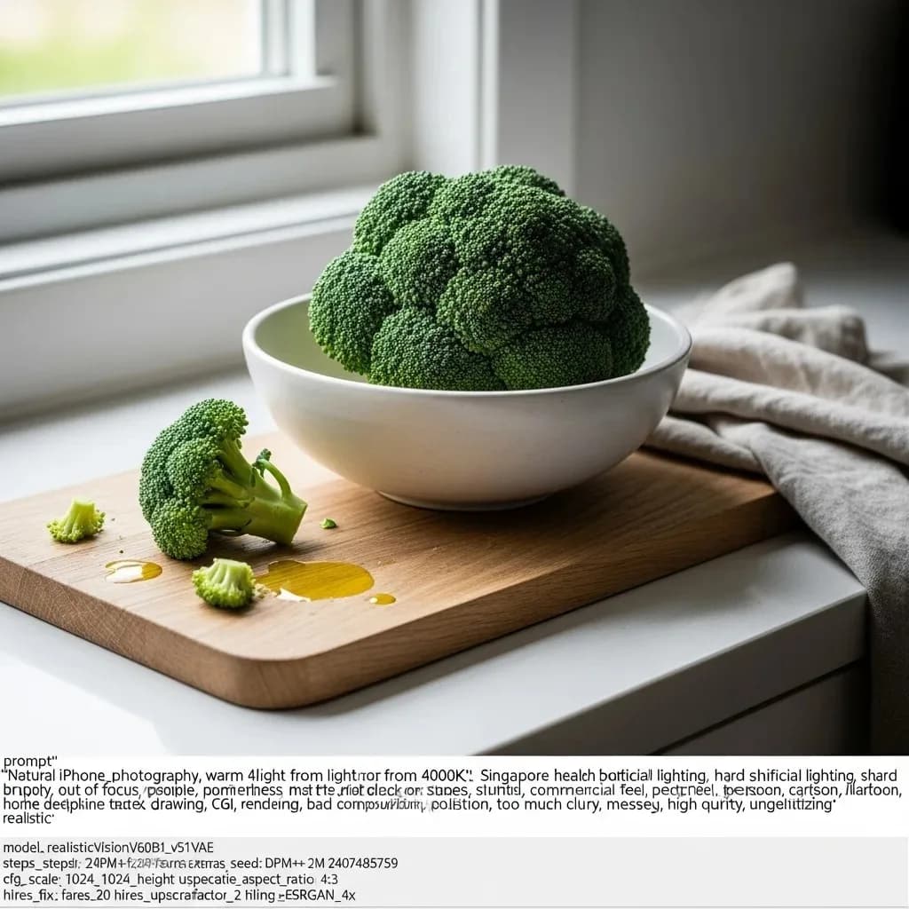 Fresh broccoli crown on a light timber surface in natural morning light