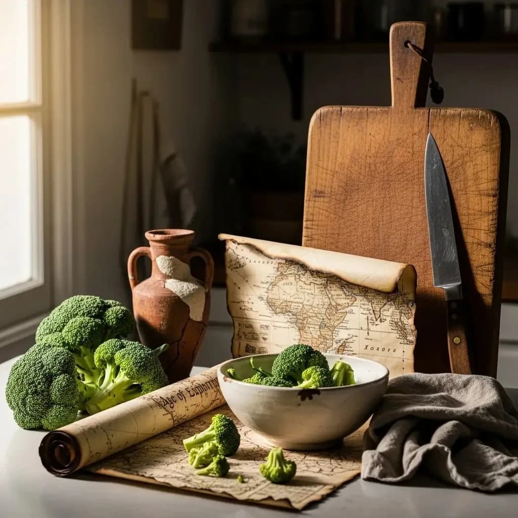 Broccoli head on a weathered wooden surface in natural warm light, evoking 2,600 years of cultivation history