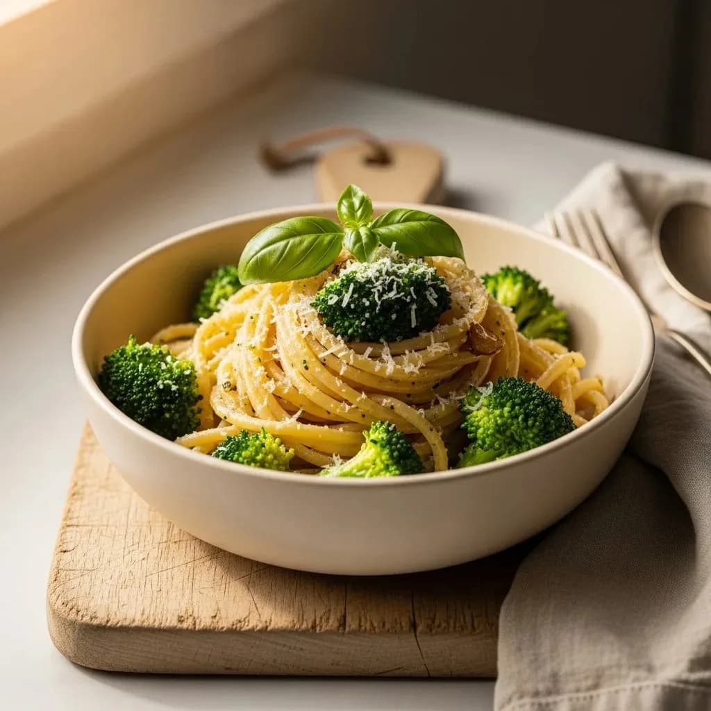 Bowl of broccoli orecchiette pasta with parmesan and basil on a worn wooden surface
