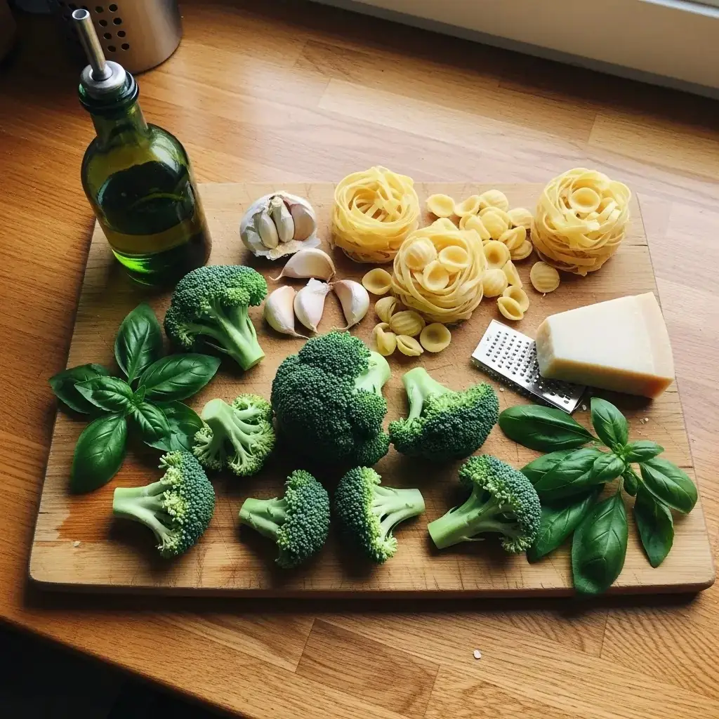 Broccoli florets and pasta ingredients laid out on a light oak board ready for prep