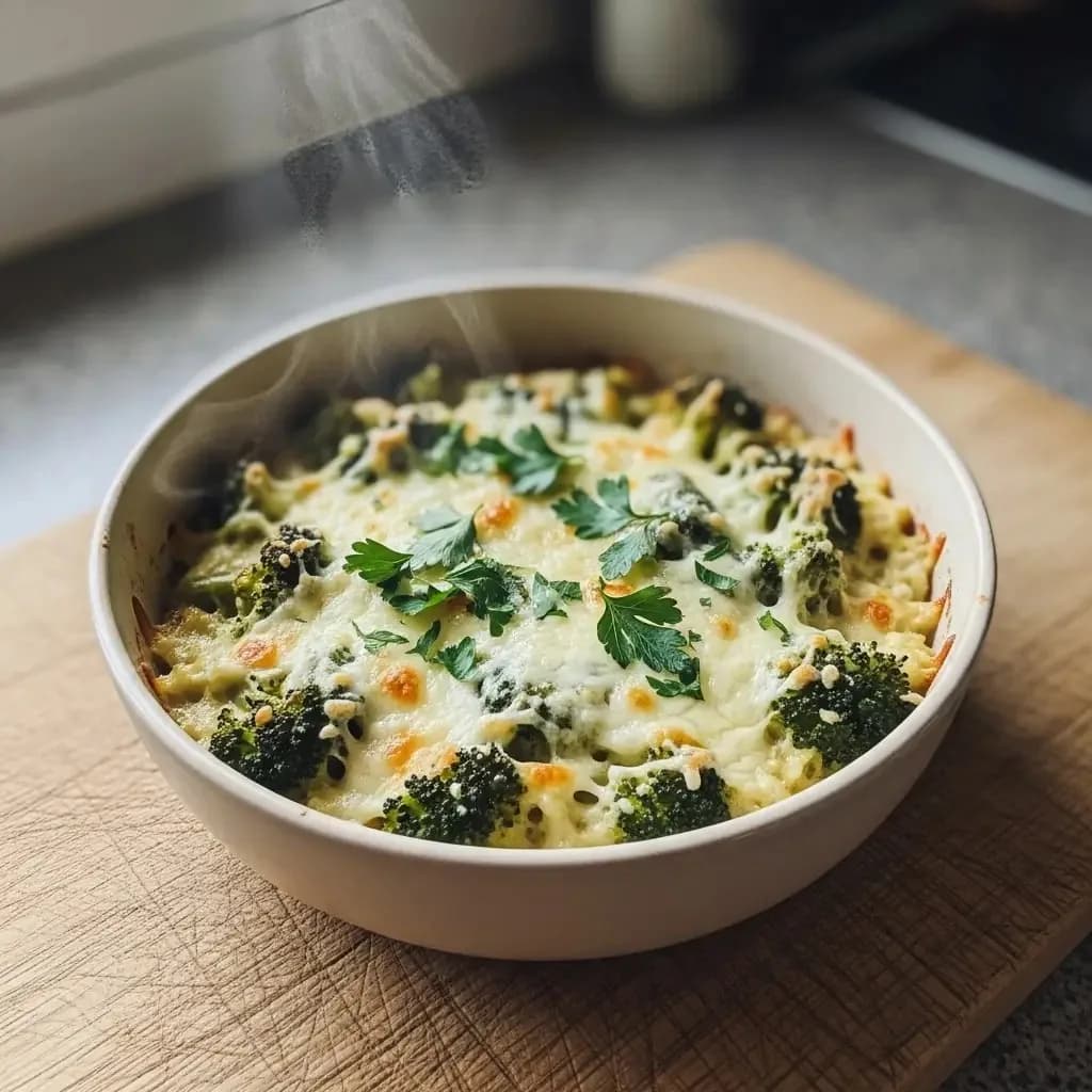 Golden broccoli rice casserole with bubbling cheddar cheese in a white ceramic baking dish