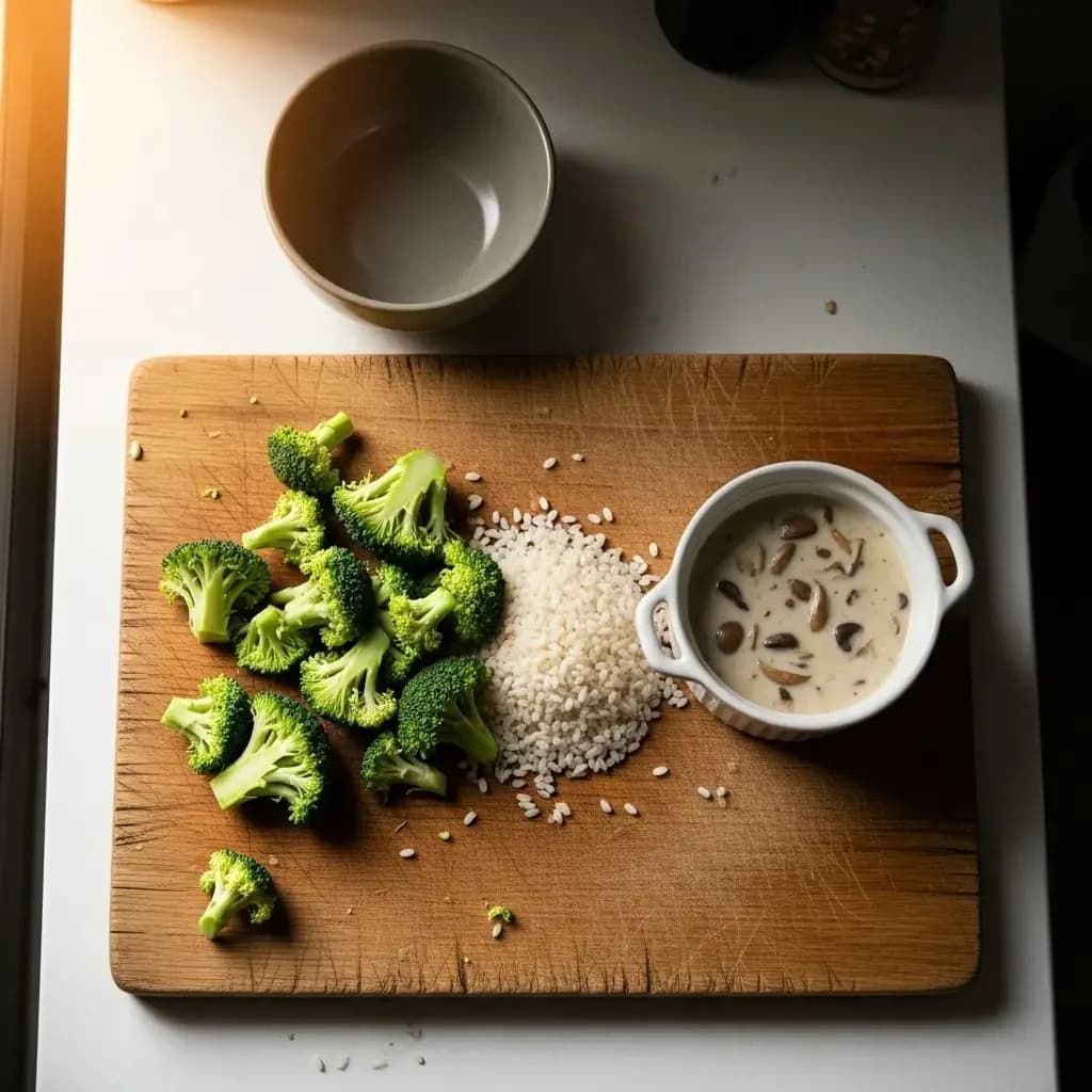 Broccoli florets and rice alongside cream of mushroom soup on a worn oak board, prepped for casserole