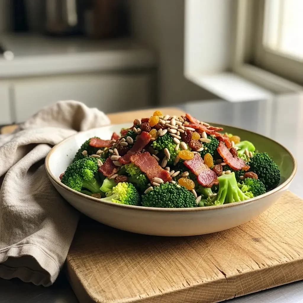 Broccoli salad with bacon and raisins in a shallow white ceramic bowl on a warm wooden surface