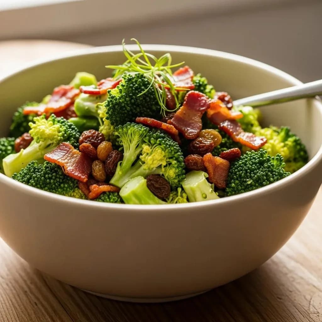 Dressed broccoli salad with bacon scattered over the top ready to serve