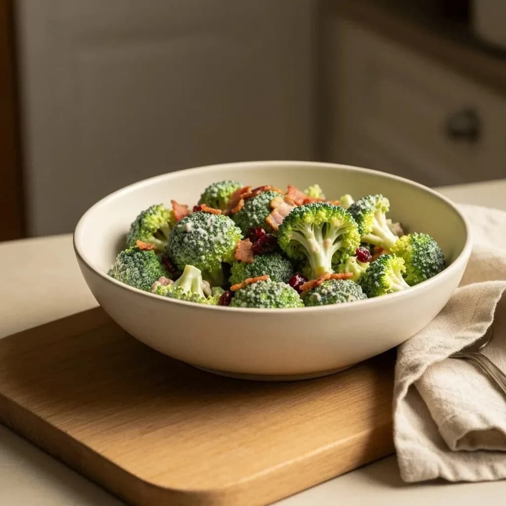 Classic creamy broccoli salad in a white ceramic bowl with mayo dressing, bacon bits, red onion, and cranberries