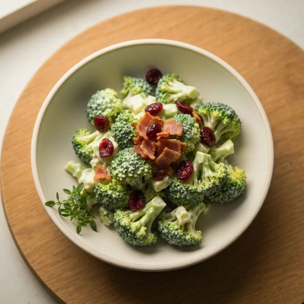 Close-up of creamy broccoli salad with bacon and cranberry garnish in a ceramic bowl