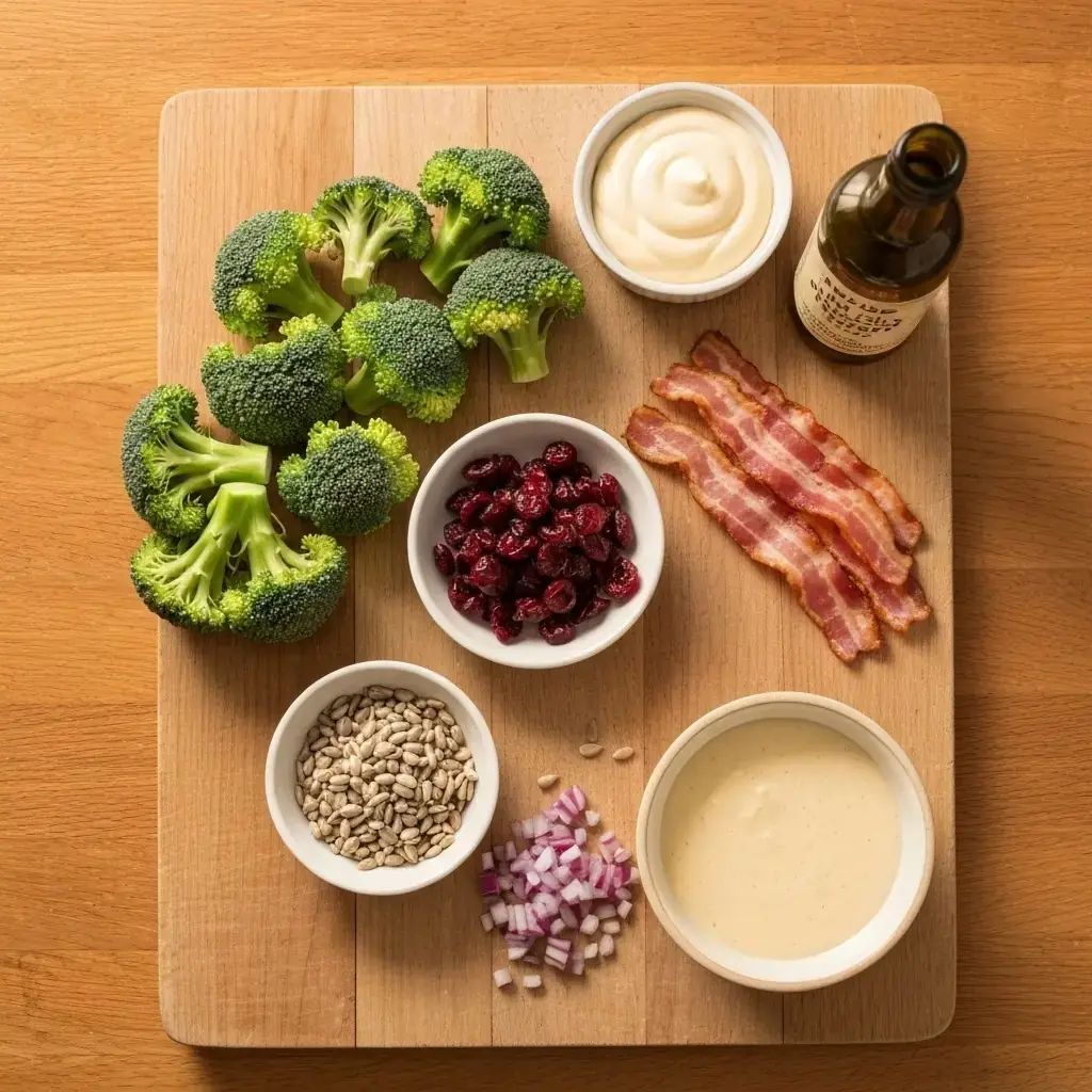 Broccoli salad ingredients flat lay: broccoli florets, mayo, apple cider vinegar, bacon, red onion, sunflower seeds, cranberries