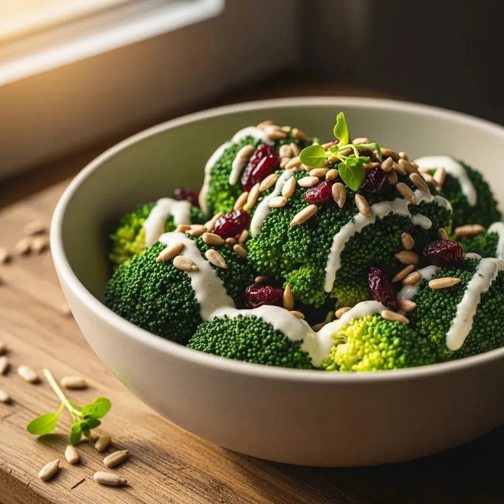 Fork lifting a serving of broccoli salad with creamy dressing coating the floret