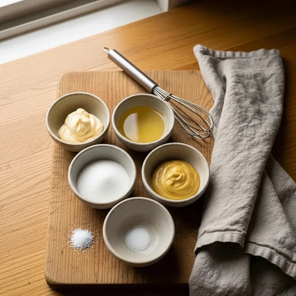 Creamy Kewpie-lemon dressing being whisked in a small bowl, lemon and garlic visible in background