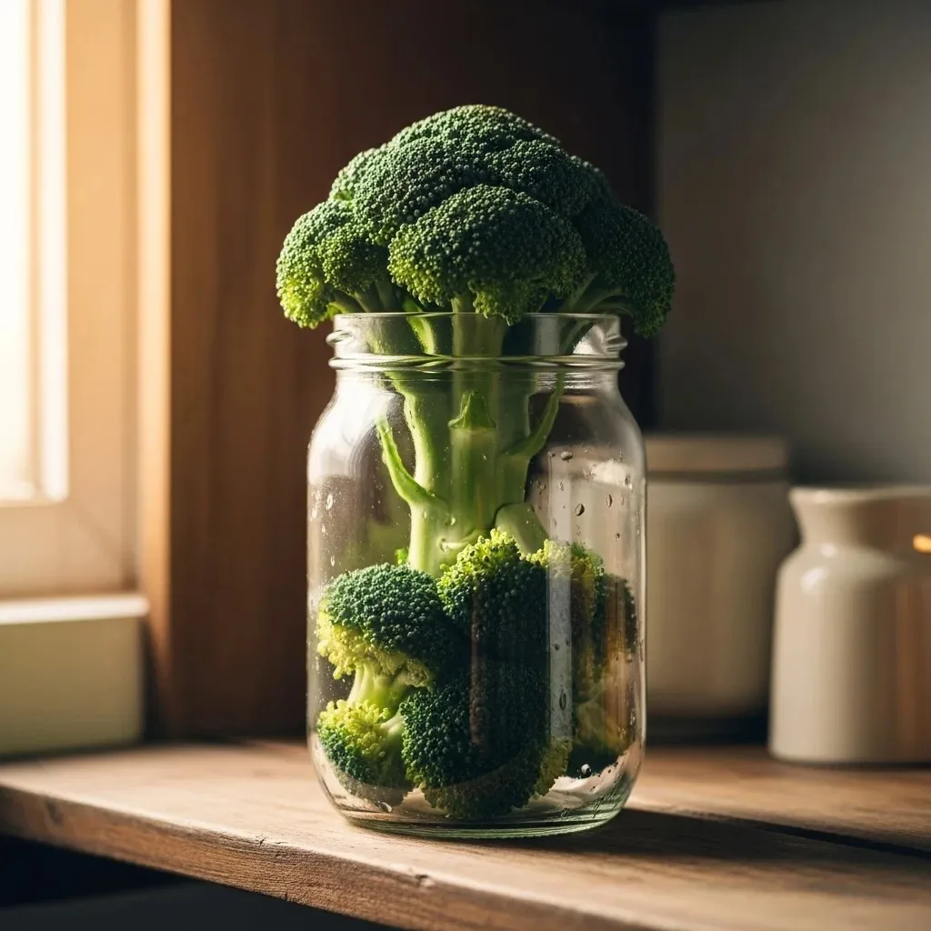 Broccoli head stored upright stem-side down in a mason jar with water inside a home refrigerator