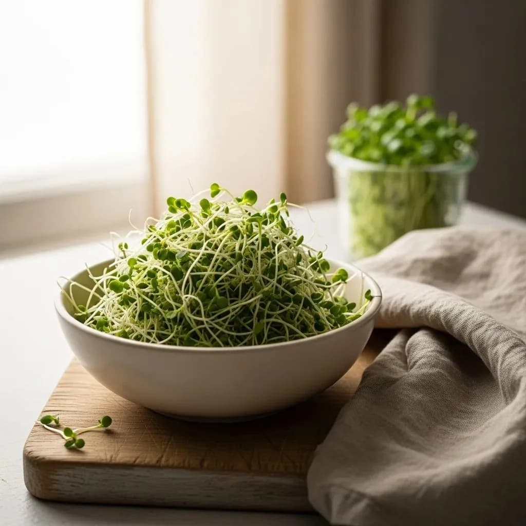 Broccoli sprouts in a small glass jar on a kitchen counter with natural morning light and a wooden cutting board
