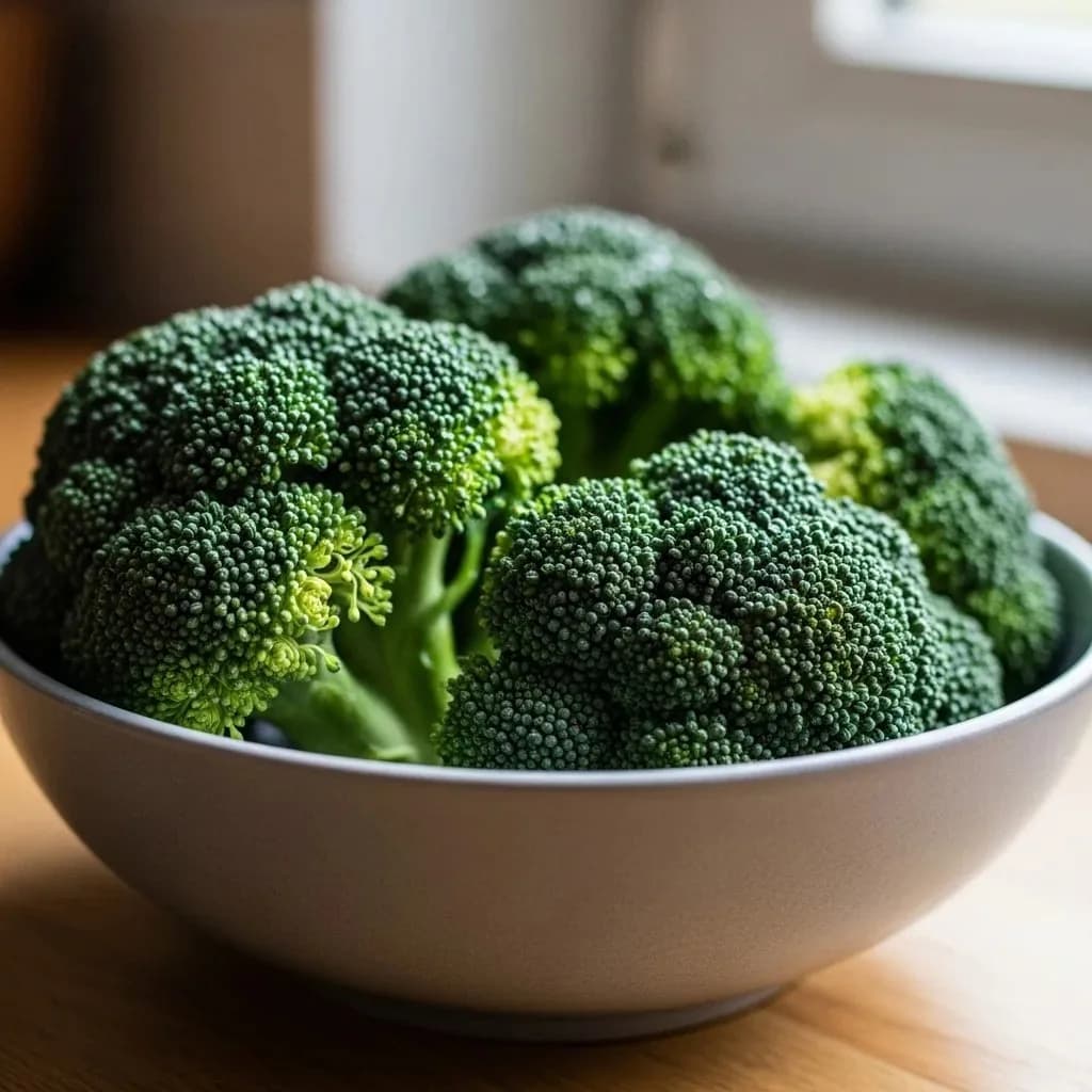 Raw broccoli florets beside a halved orange on a light wooden chopping board