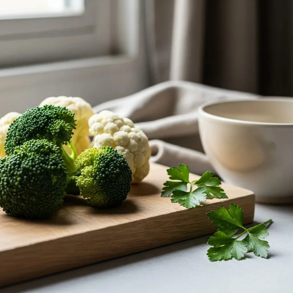 Broccoli and cauliflower side by side on a wooden cutting board, natural light