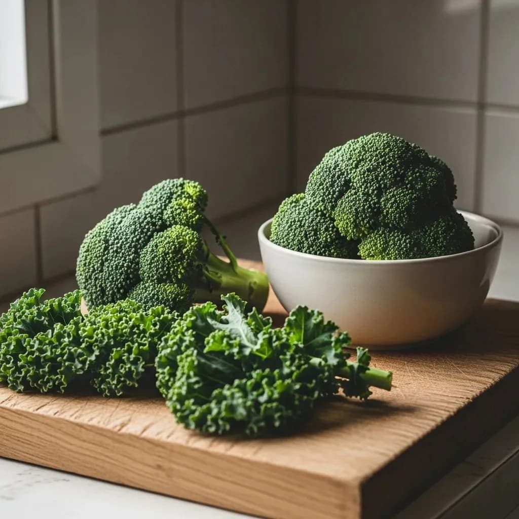Broccoli florets and kale leaves side by side on a wooden surface
