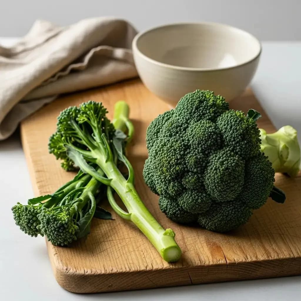 Broccolini and broccoli side by side on a wooden chopping board