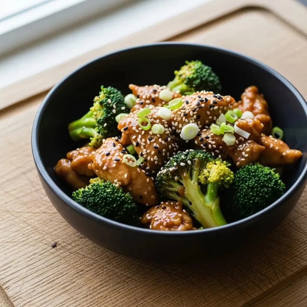 Chicken and broccoli stir fry in a dark ceramic bowl with sesame seeds and green onion, shot at a slight angle on a wooden surface