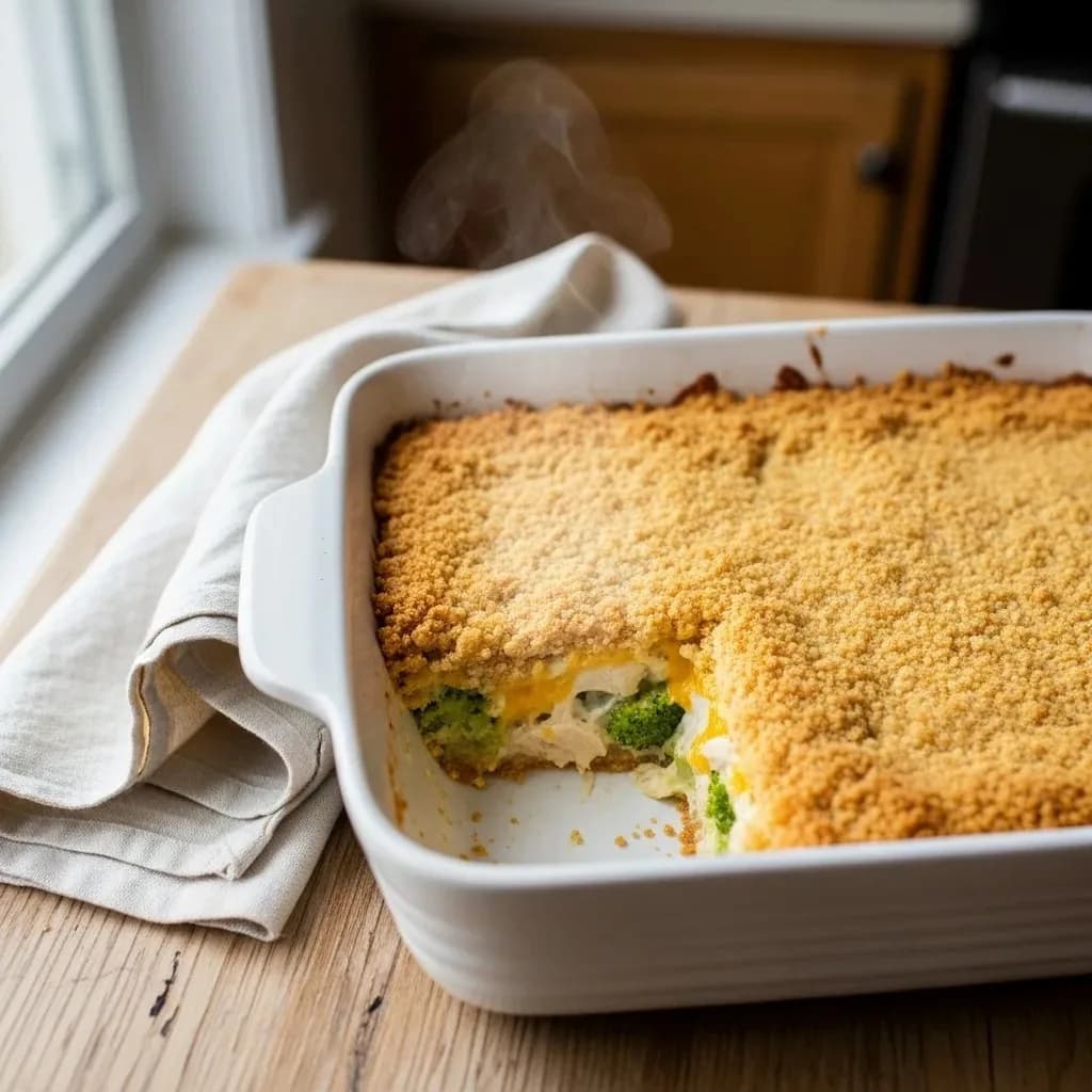 Chicken broccoli casserole fresh from the oven with a golden Ritz cracker crust, one corner scooped out to show broccoli and cheesy interior