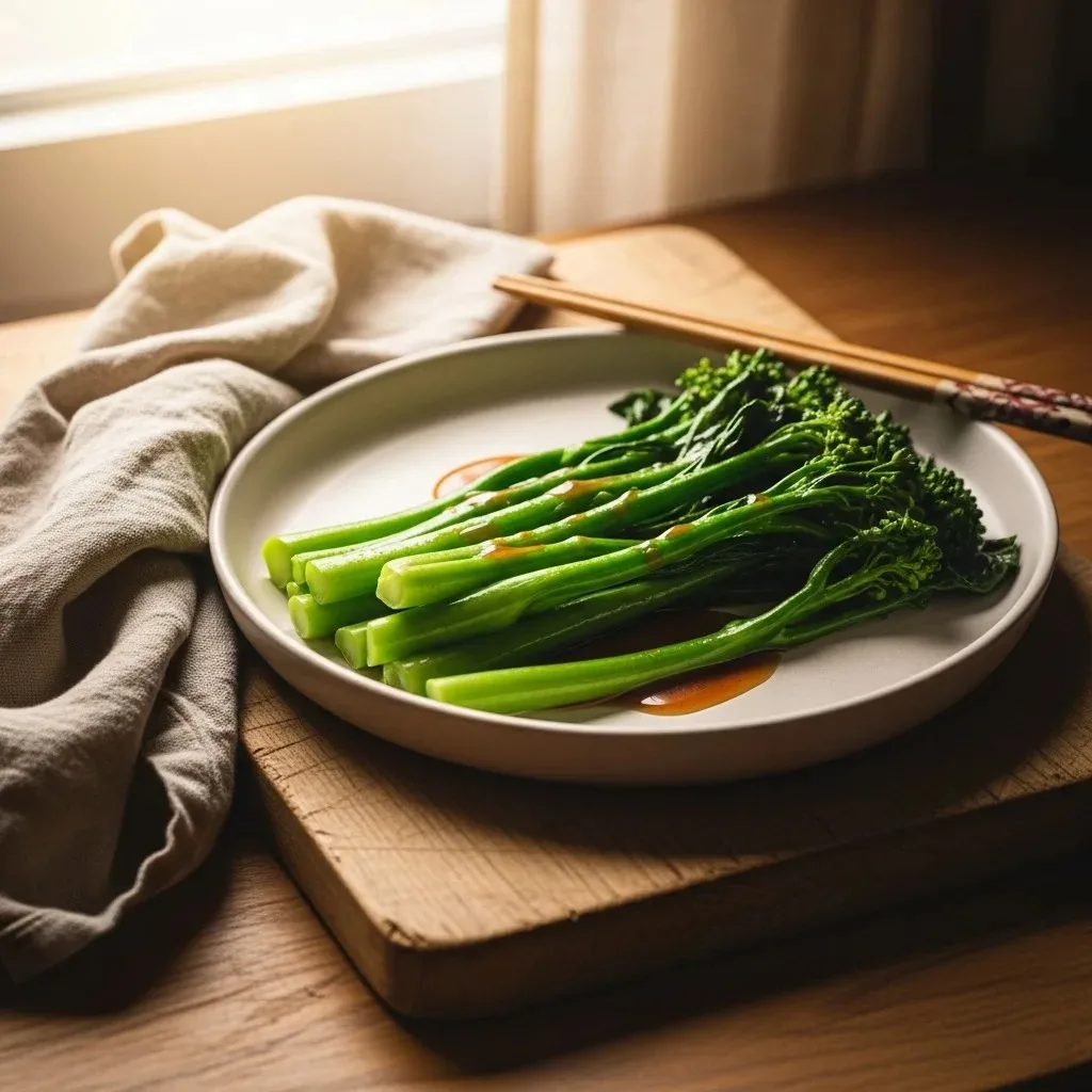 Plate of gai lan with oyster sauce, stems bright green, natural light on off-white ceramic