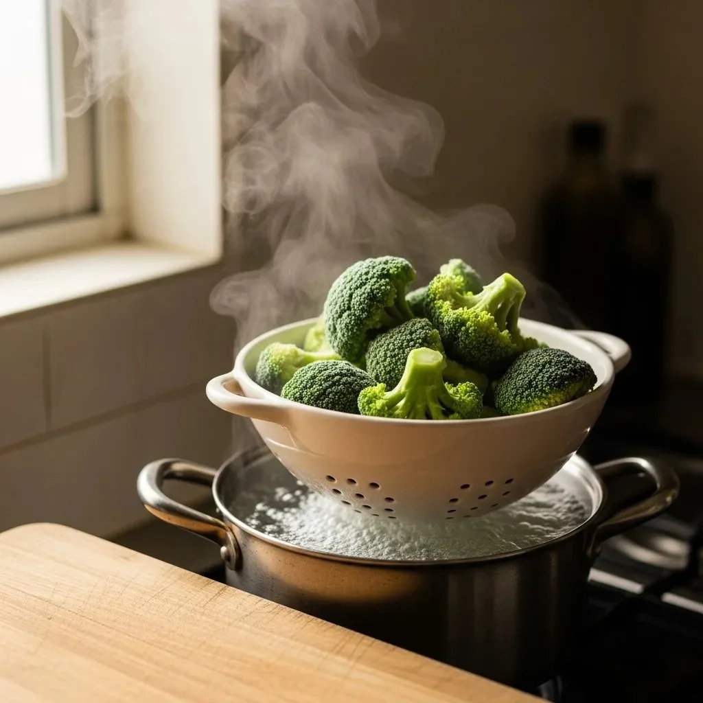 Frozen broccoli florets spread on a parchment-lined baking sheet, some still showing ice crystals, ready for the two-step oven roast method