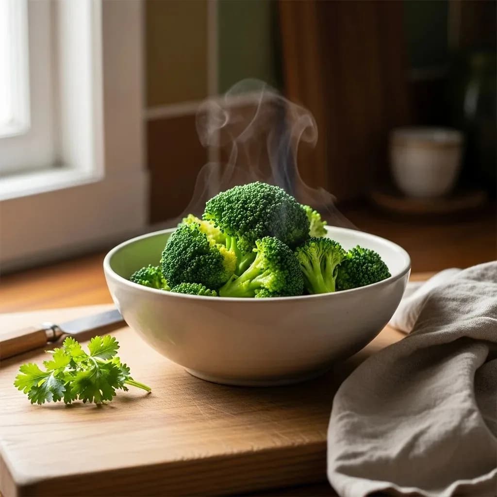 Roasted frozen broccoli with caramelized edges on parchment paper, finished with parmesan and a lemon wedge