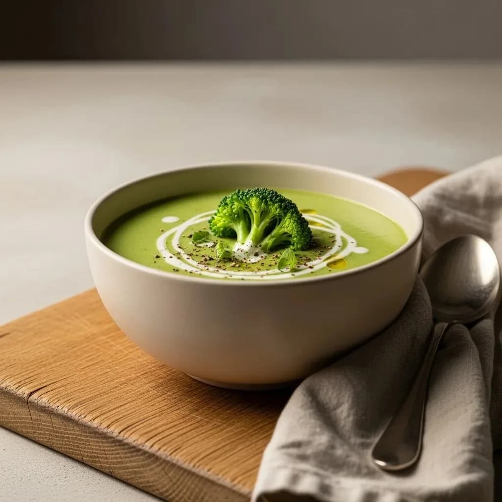 Deep green cream of broccoli soup in a white ceramic bowl with a swirl of cream and cracked black pepper