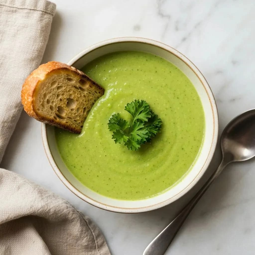 Immersion blender in a pot of broccoli soup, mid-blend with steam visible