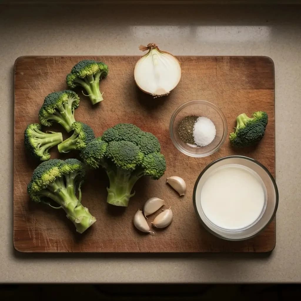Whole broccoli head, potato, onion, garlic and butter on a timber board