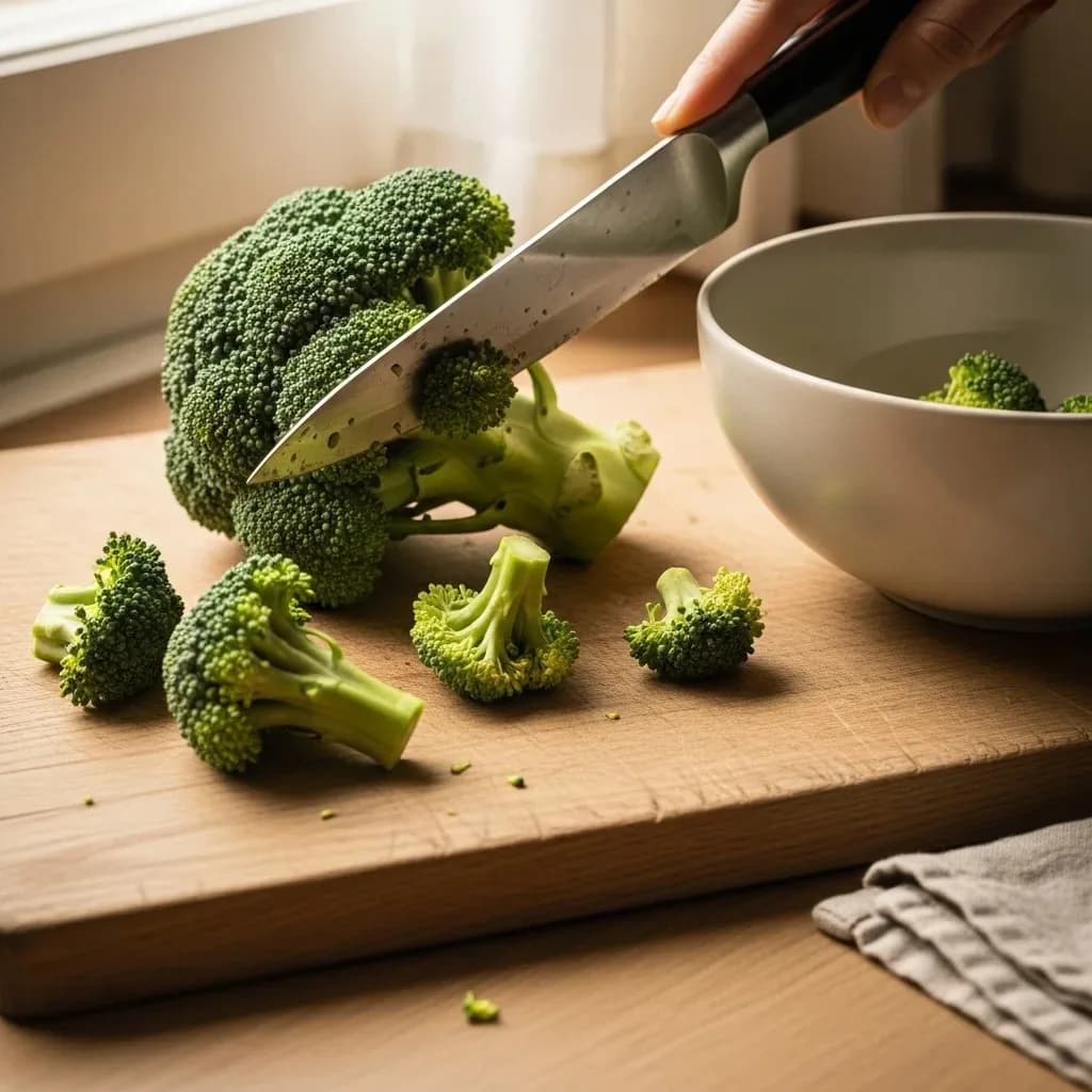 Broccoli head on a wooden cutting board with florets separated beside it, chef knife resting nearby