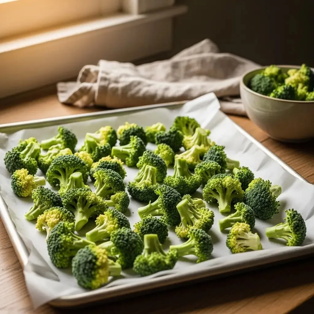 Broccoli florets laid in a single layer on a parchment-lined baking sheet ready for flash freezing