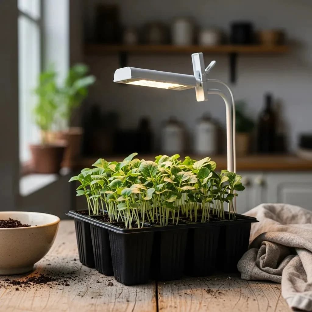 Compact, dark-green broccoli seedlings in a black seed tray under a grow light on a wooden surface