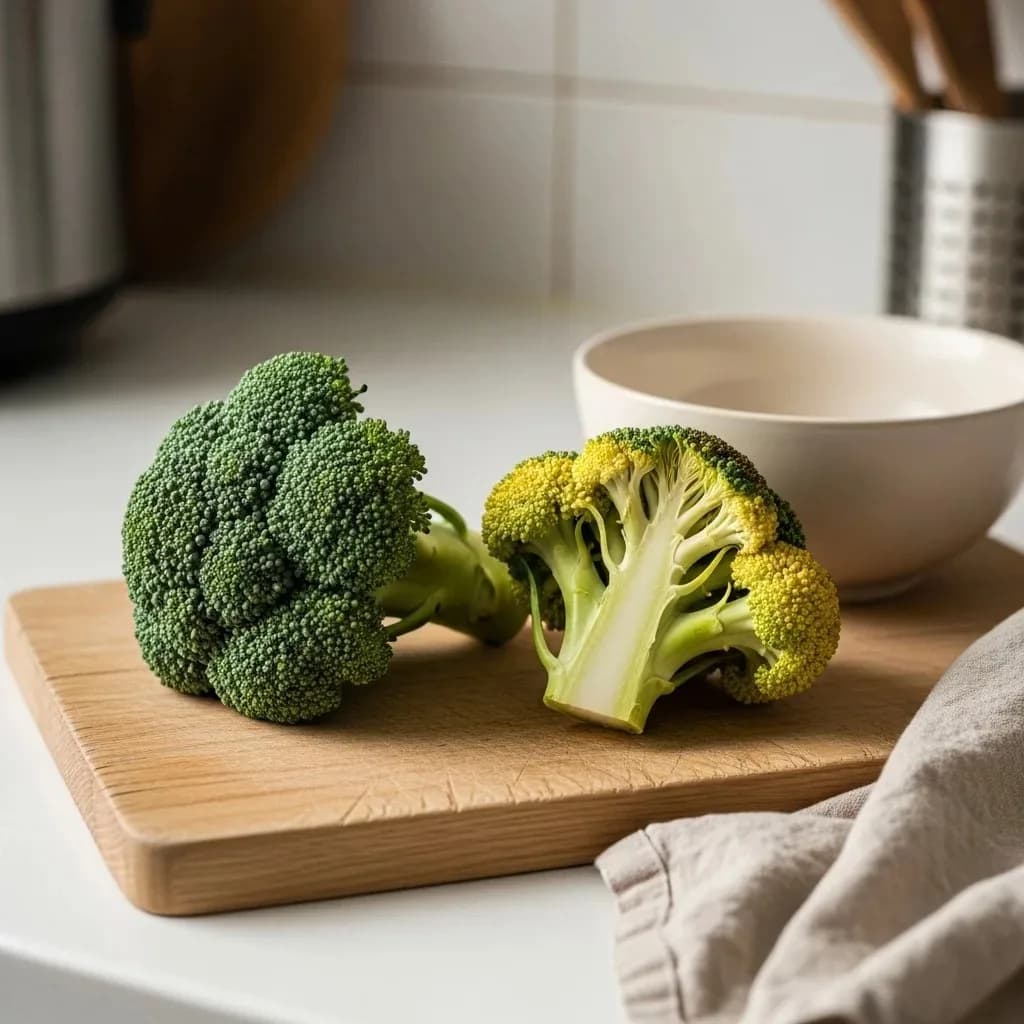 Fresh broccoli on the left with tight green florets and a white stalk cut end, compared to bad broccoli on the right with yellow florets and small mold spots