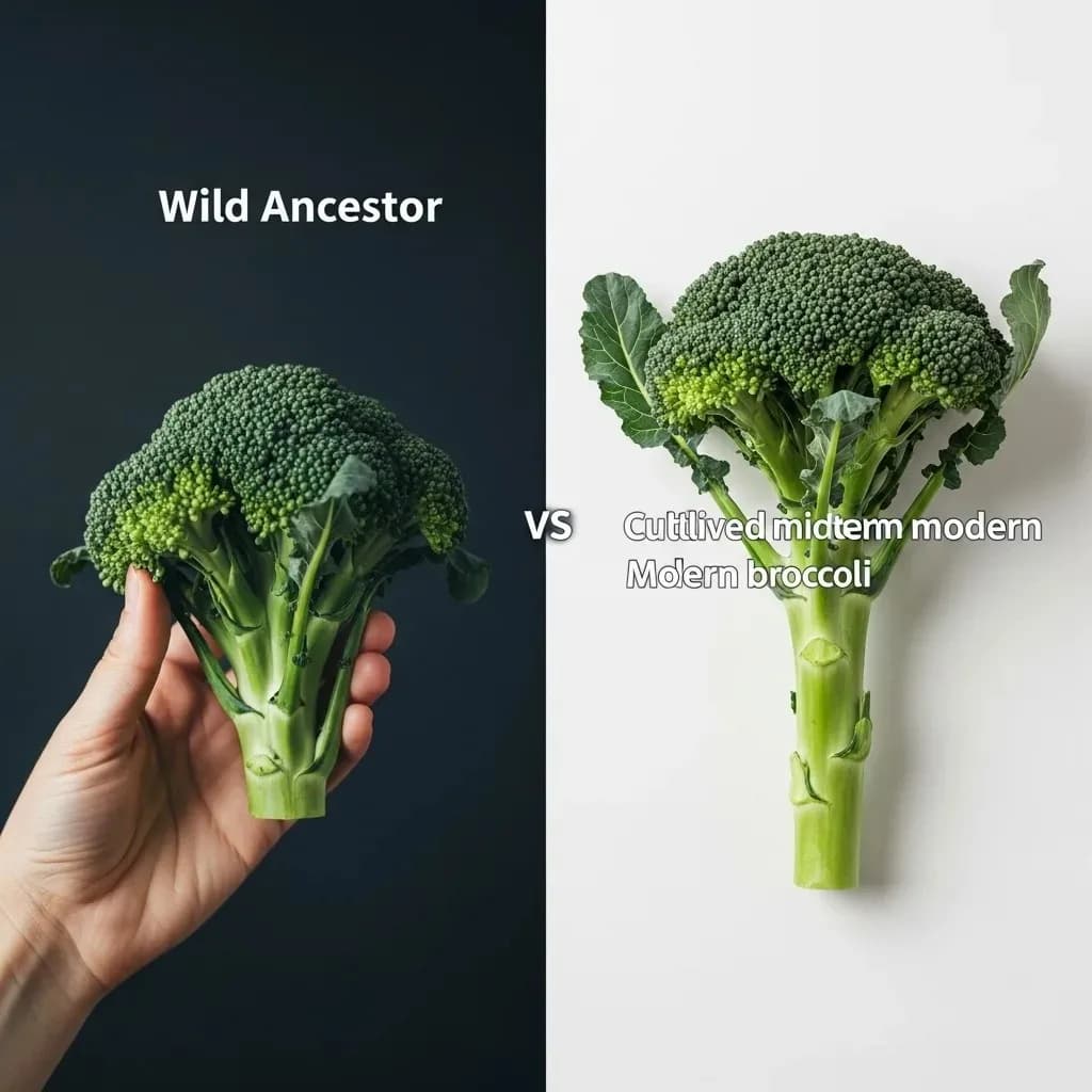A single head of broccoli sitting on a worn wooden kitchen surface in warm natural light