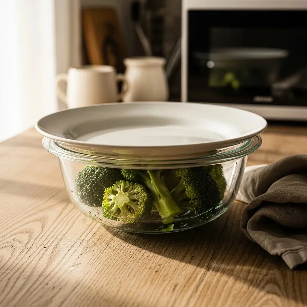 Glass bowl with raw broccoli florets and 2 tablespoons of water, covered by a flat dinner plate, ready to microwave