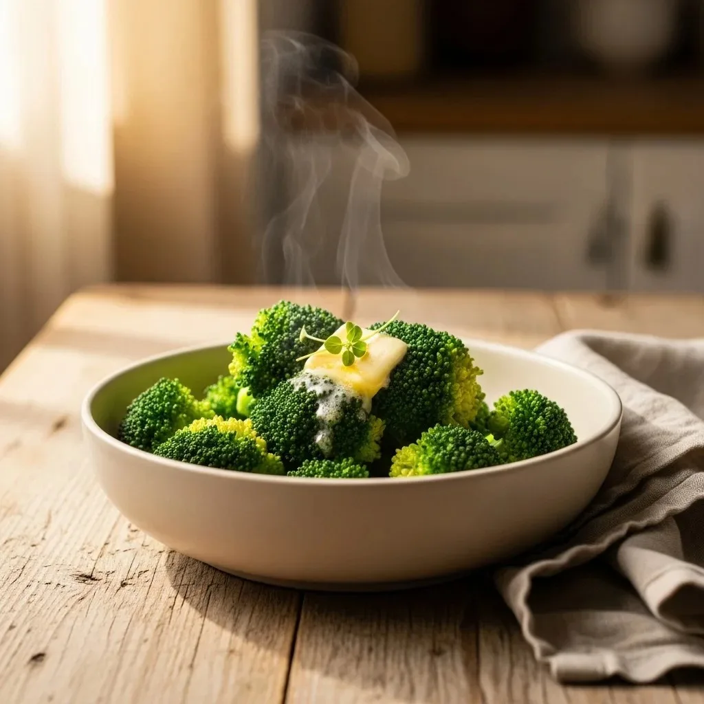 Finished microwaved broccoli, bright green, in a white bowl with a melting pat of butter on top