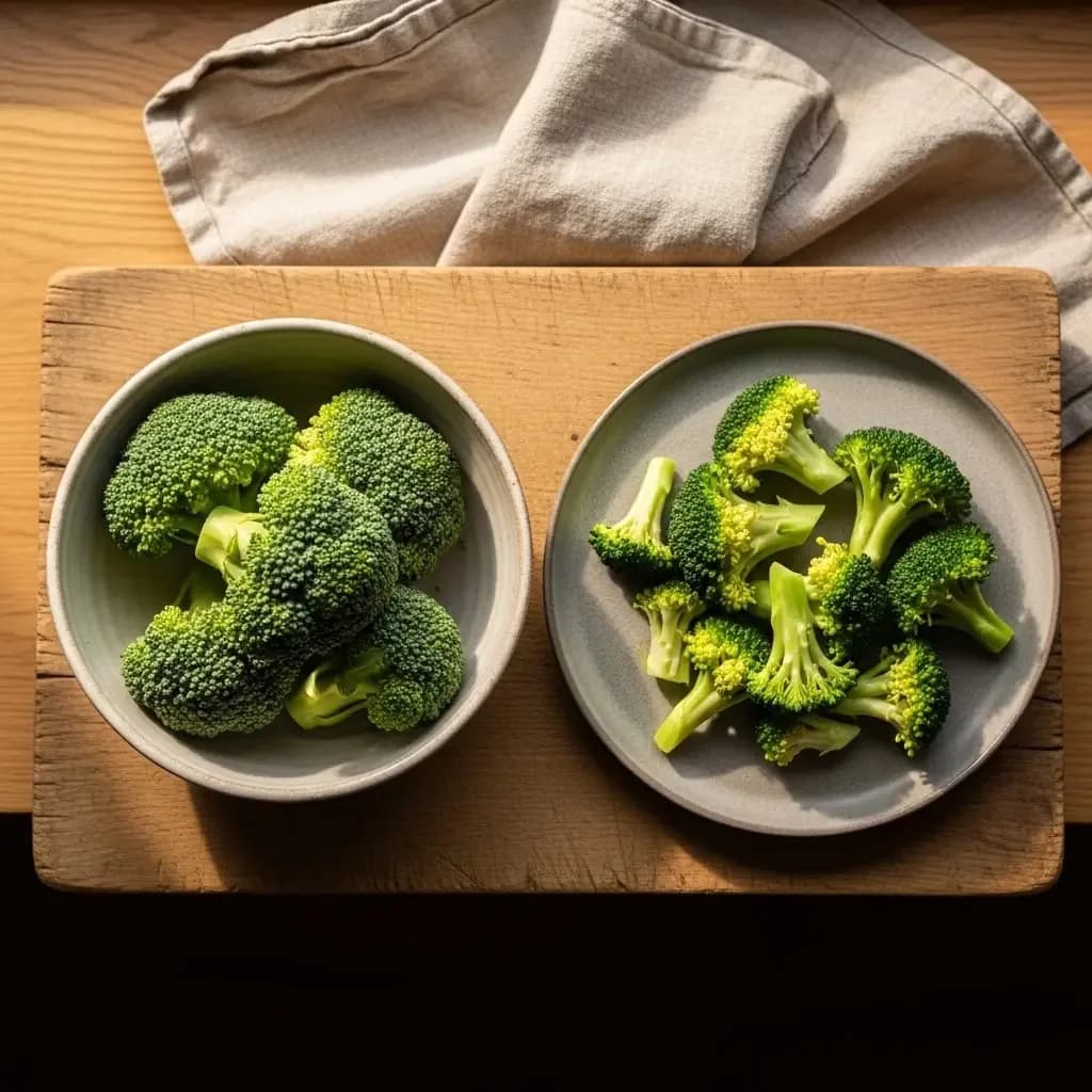 Two bowls side by side — raw broccoli florets on the left, lightly steamed on the right, on a wooden kitchen surface