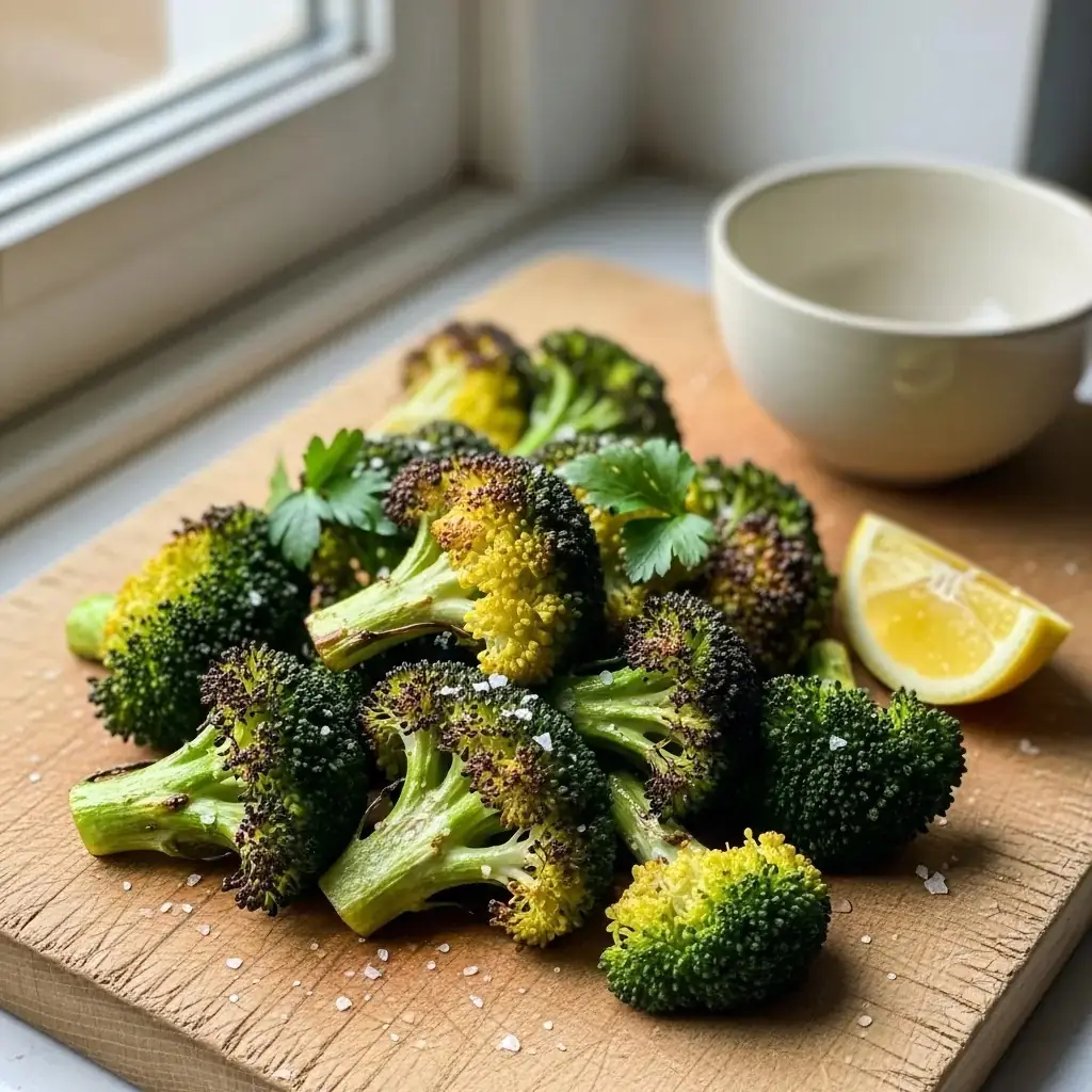 Sheet pan of crispy roasted broccoli with golden-brown charred tips and vibrant green bodies
