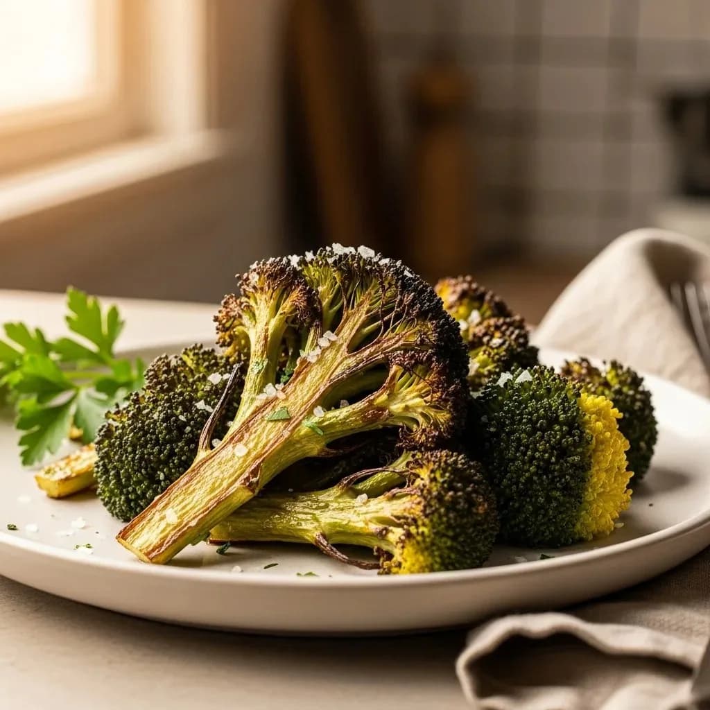 Finished roasted broccoli on a white ceramic plate with lemon half and parmesan