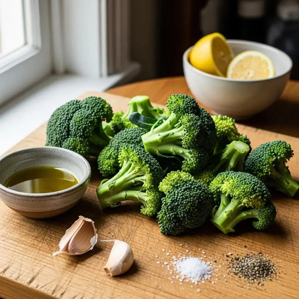 Raw broccoli florets spread on a baking sheet before roasting, oil visible on surfaces
