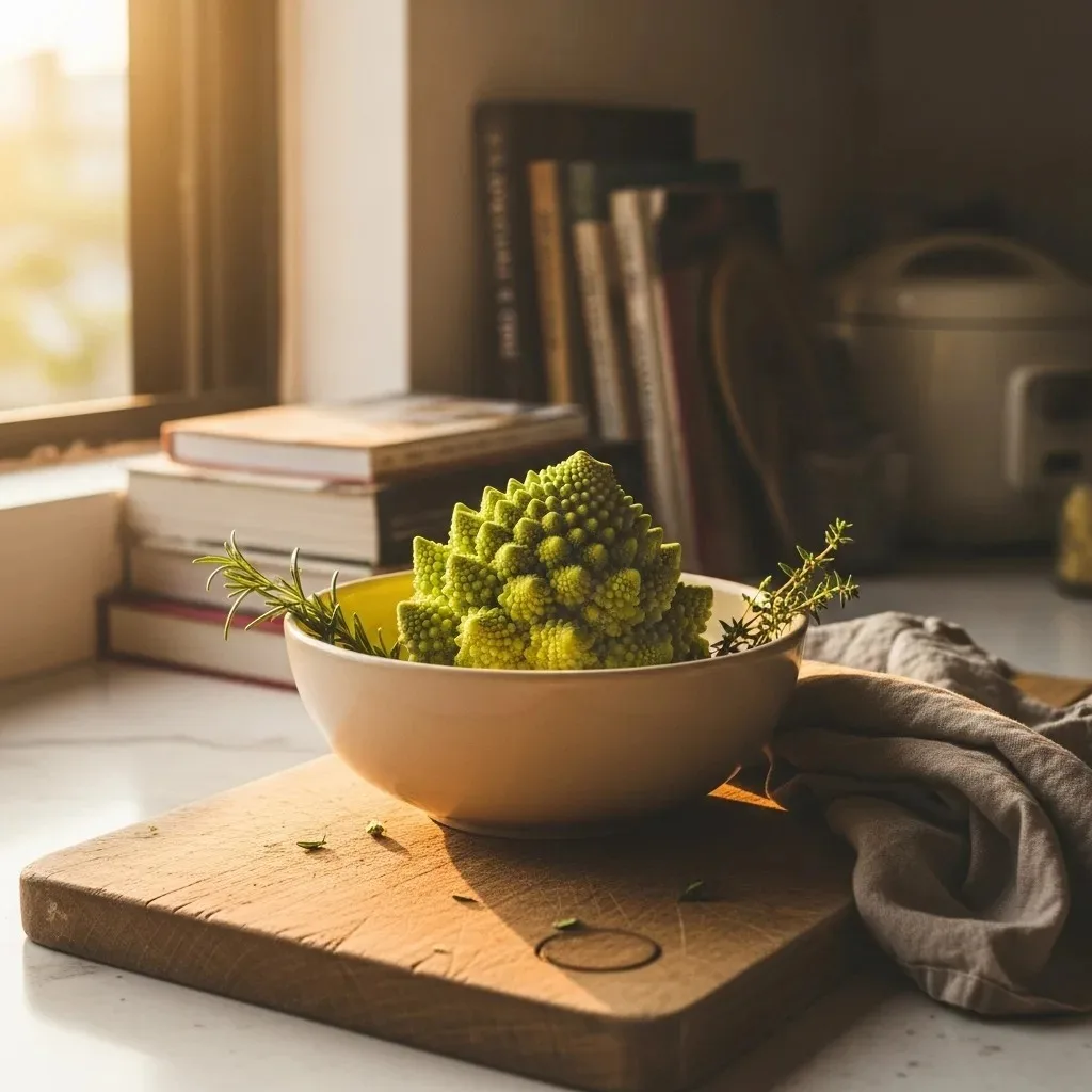 Whole romanesco head on a worn wooden cutting board with two florets broken off to show the spiral detail