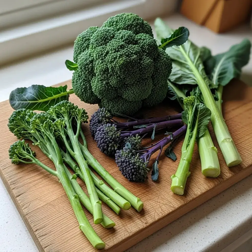 Four types of broccoli on a wooden board: Calabrese head, broccolini stems, purple sprouting broccoli, and Romanesco