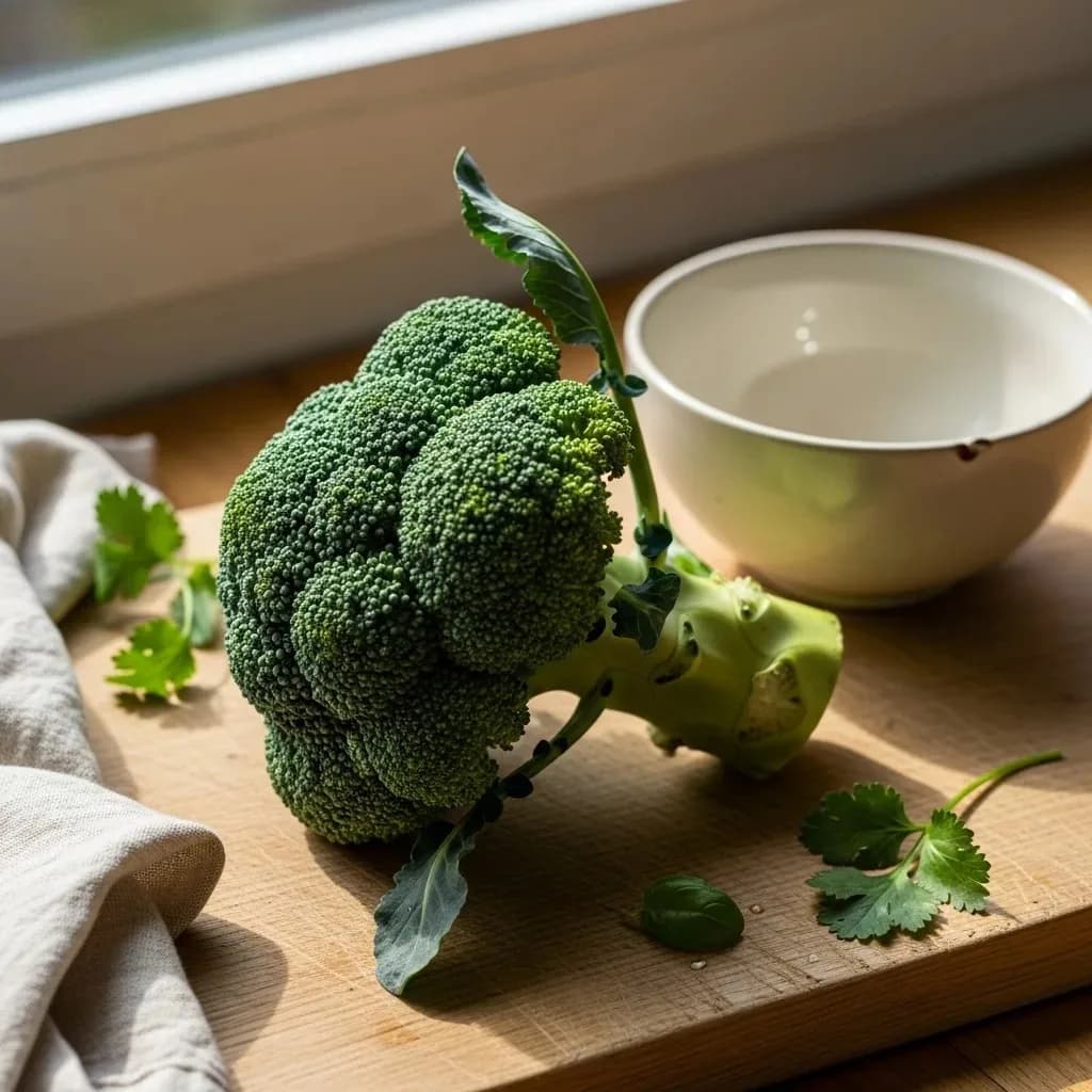 A dark green broccoli head with tight compact buds, a hand holding a wood-handled knife at a 45-degree angle for harvest on a Singapore balcony